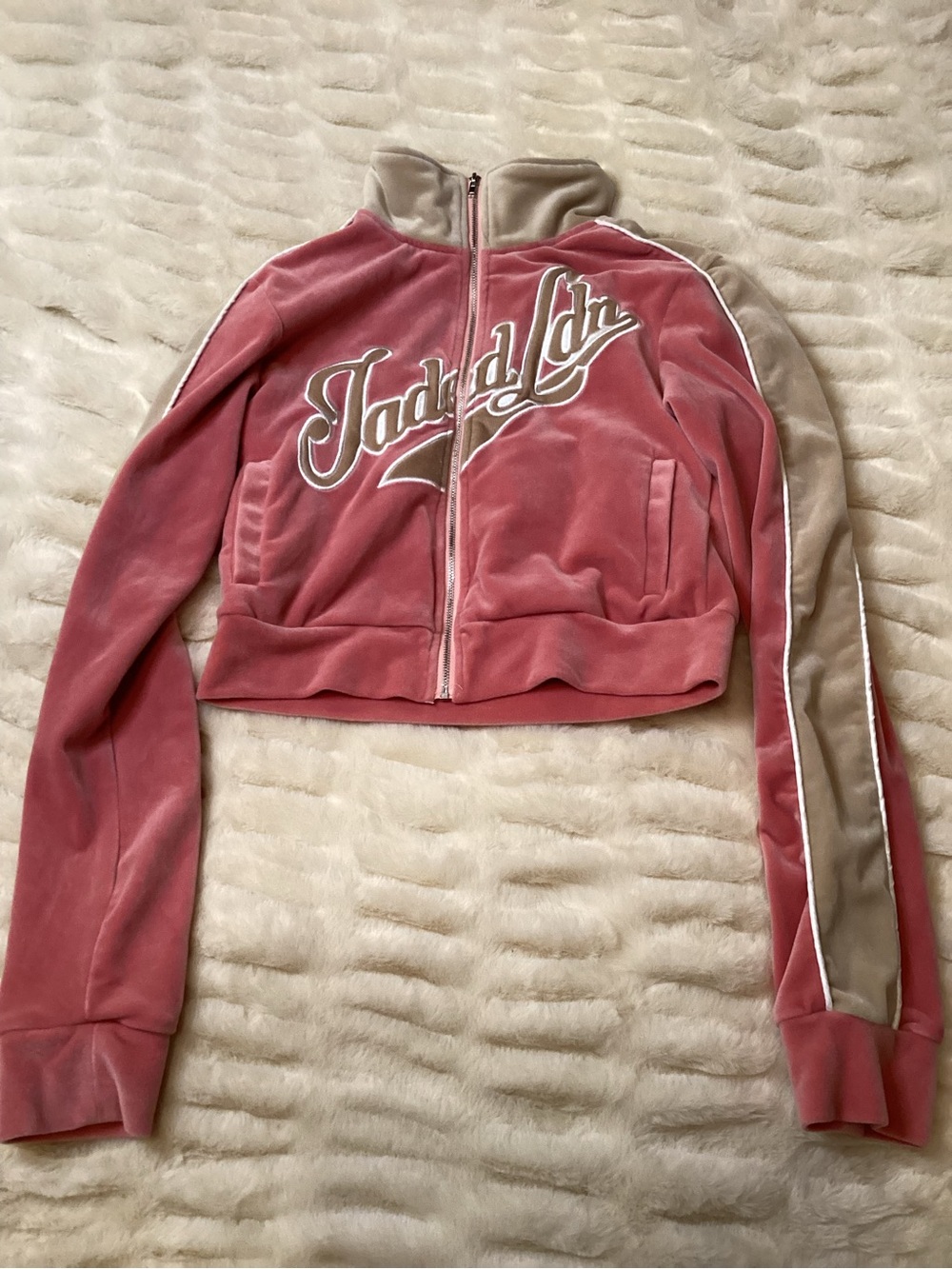Jaded London Pink and Beige Velour Cropped Varsity Jacket